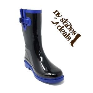 Women Rubber Rain Boots,  Black / Blue 11" Rainboots